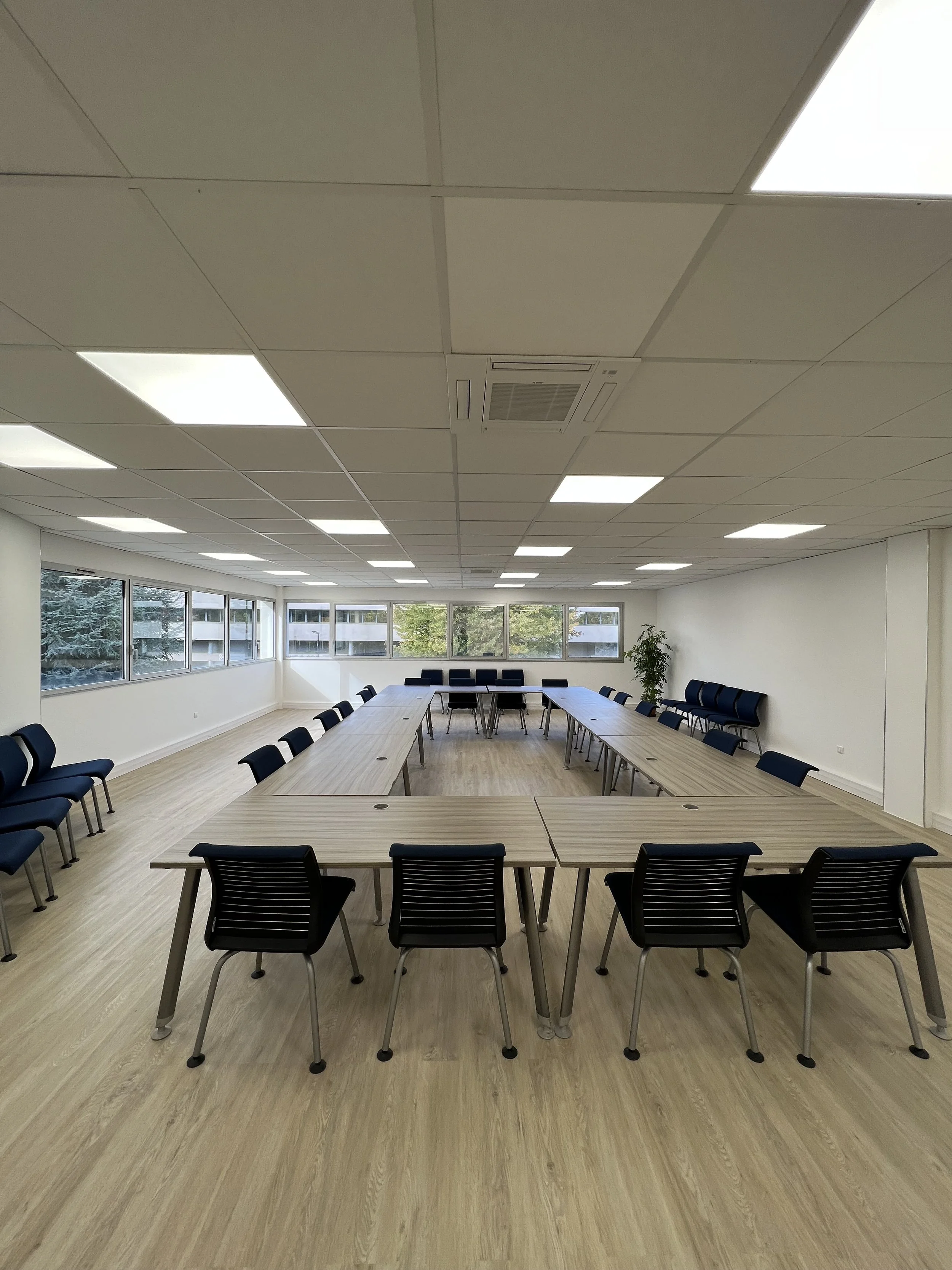 Salle de réunion avec tables en forme de U, chaises noires, grandes fenêtres, sol en bois clair, plafond avec LED, plantes vertes dans le coin.