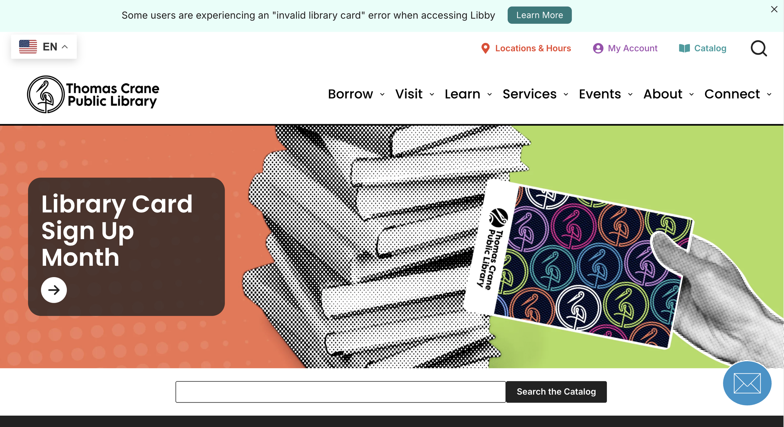A webpage from Thomas Crane Public Library featuring a promotion for Library Card Sign Up Month, with an illustration of a hand holding a library card and a stack of books in the background.