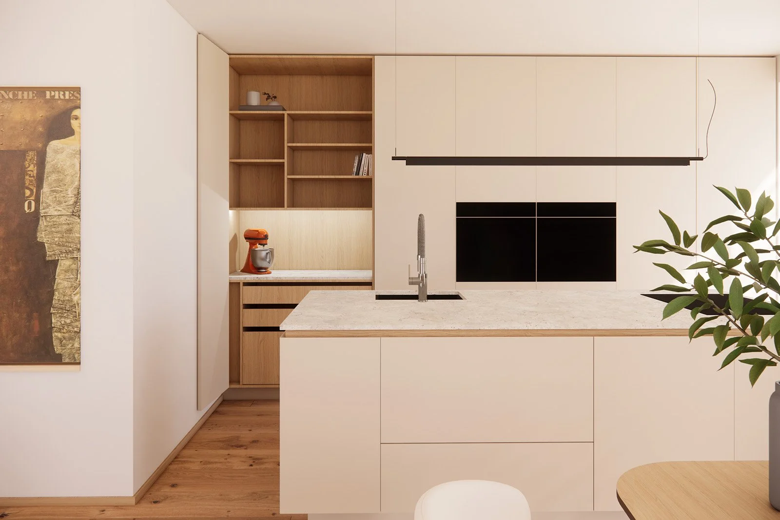 Odprt element "kuhinje v kuhinji" pri otočni kuhinji mlinar+mlinar.