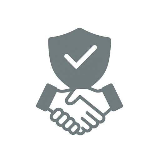Icon of a handshake beneath a shield with a checkmark, symbolizing security or trust.