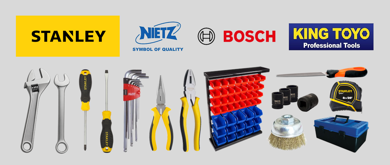 Collection of various tools including wrenches, screwdrivers, hex keys, pliers, a socket organizer, a utility knife, a tape measure, a wire brush, and a toolbox, with logos of Stanley, Nietz, Bosch, and King Toyo. Hardware Hand Tools