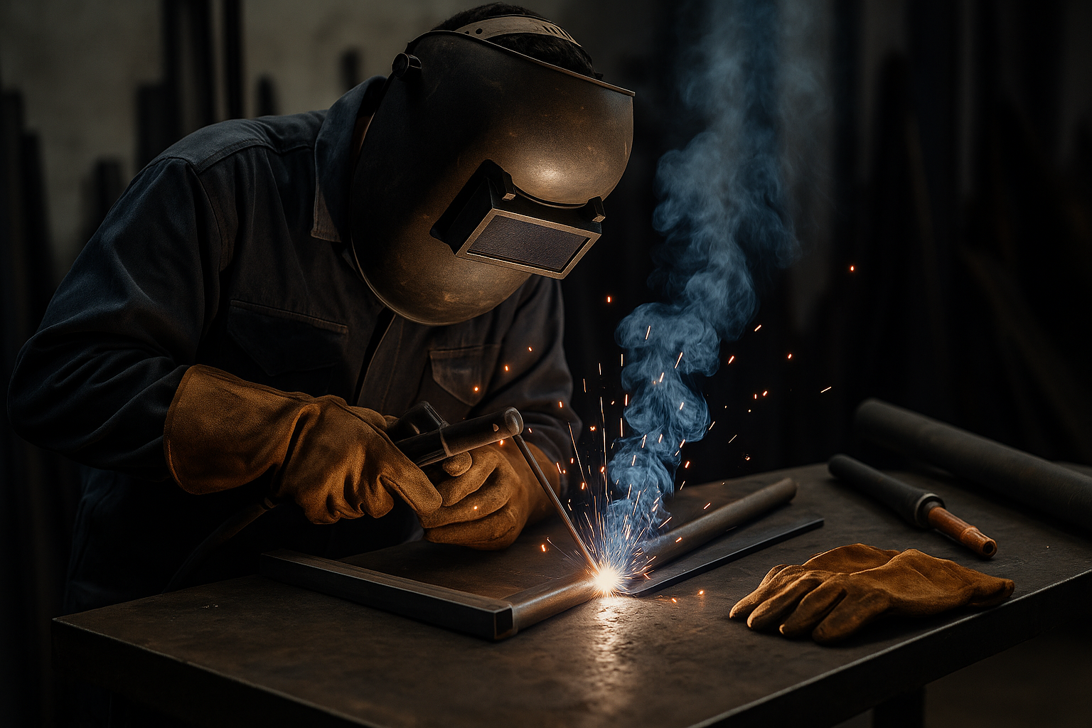 A welder wearing protective gloves and a welding helmet is welding metal pipes together on a workbench, with sparks and smoke visible. Welding Products