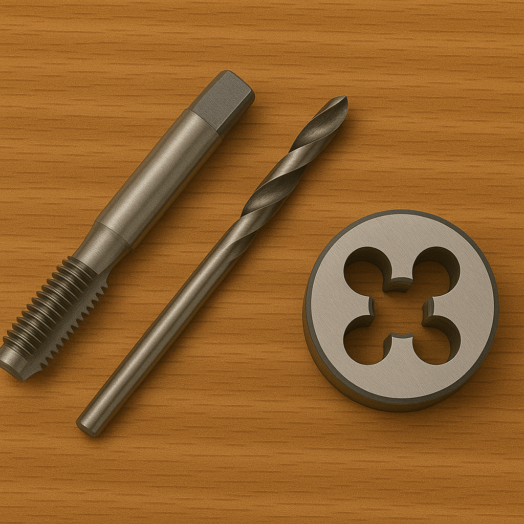Machine tap, drill bit, and tap wrench on a wooden surface. Tap, drills, and dies.