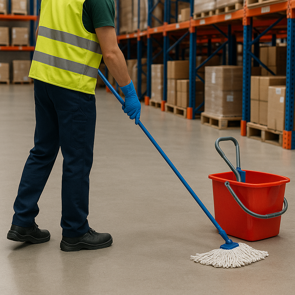 Person in a yellow safety vest and blue gloves mopping the floor in a warehouse with shelves filled with boxes. Cleaning Products