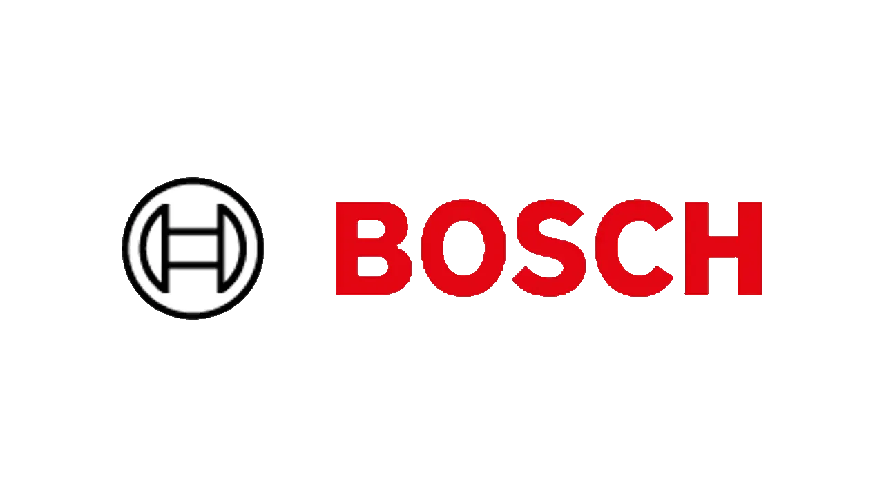 Bosch logo with a black, white, and red color scheme, featuring a circular emblem with an 'H' inside and the word 'Bosch' in bold red letters.