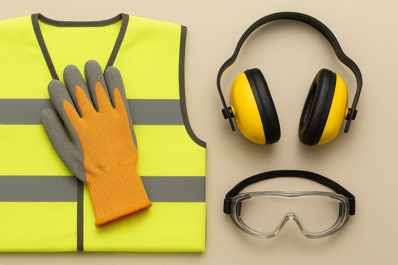 A high-visibility yellow safety vest, a pair of orange and gray work gloves, yellow ear protection headphones, and clear safety goggles arranged on a beige background. Safety and Protection Product