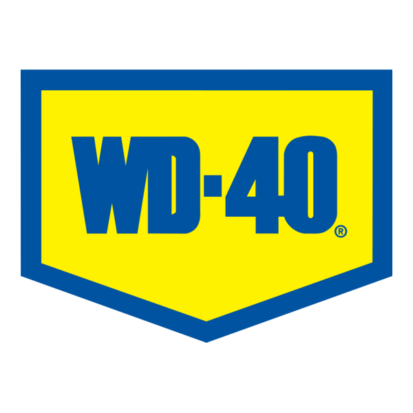 WD-40 logo with yellow background and blue border in a badge shape.
