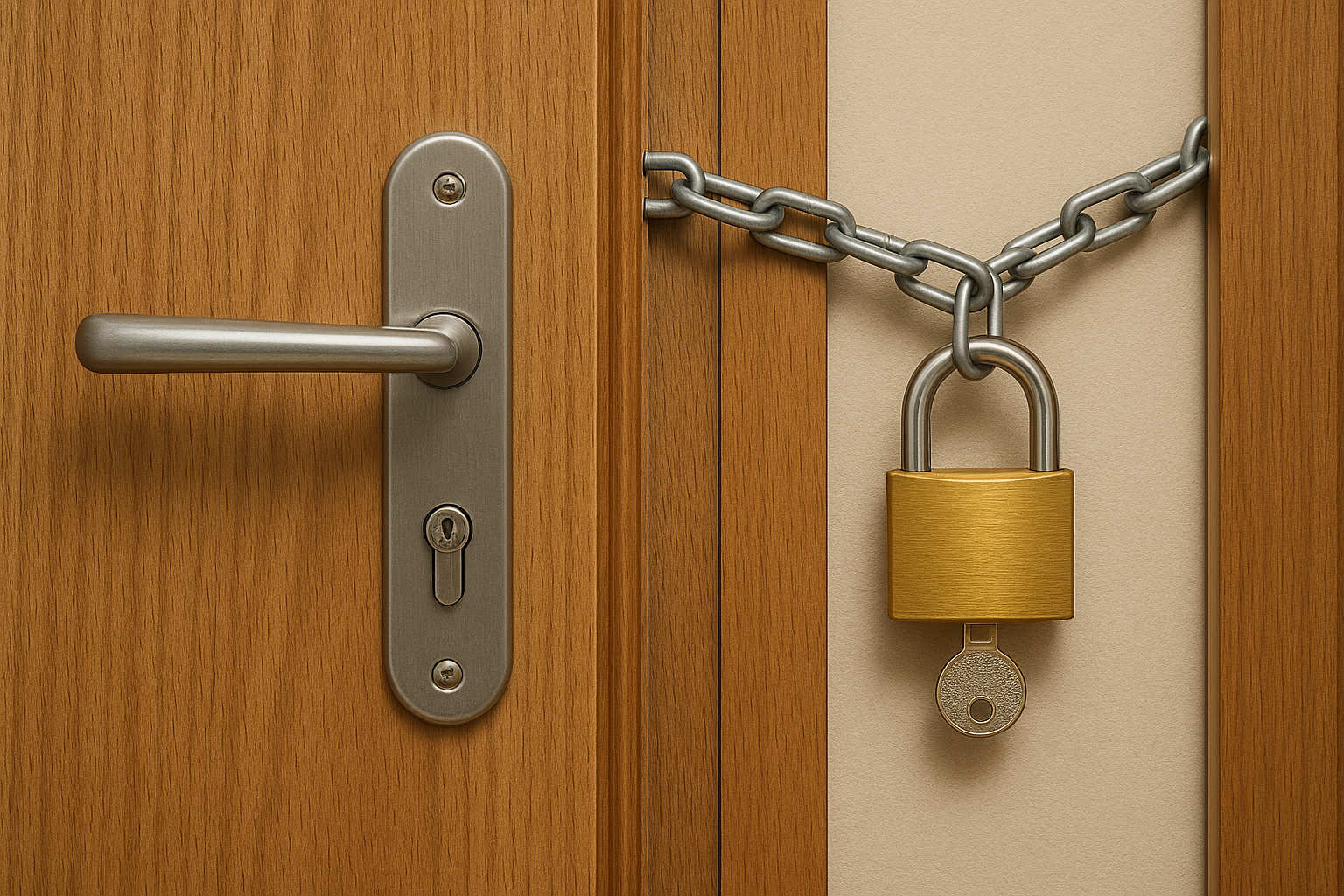 A closed wooden door secured with a chain and a brass padlock. Lock and Security