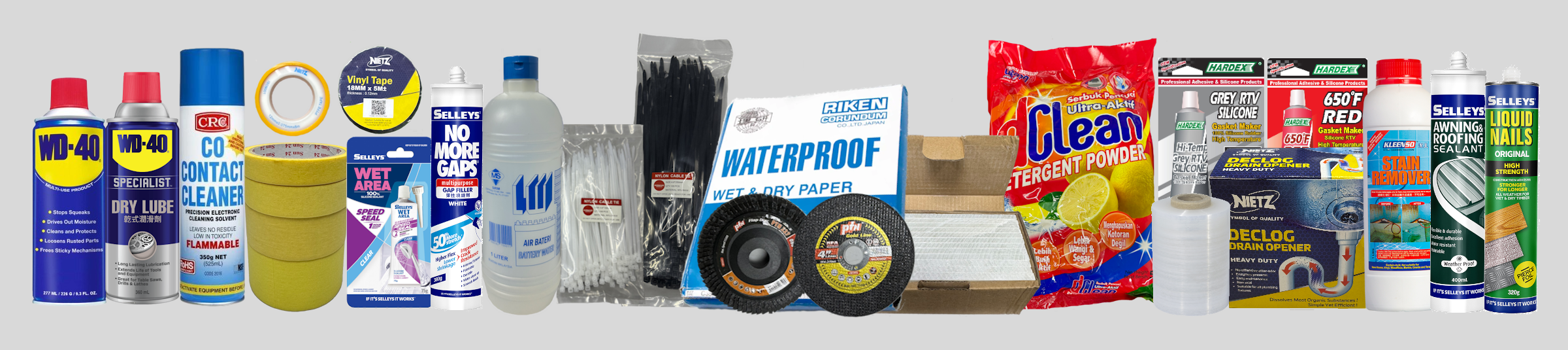 Collection of various household and hardware supplies including WD-40 spray cans, contact cleaner, duct tape, zip ties, scratch pads, glue, wire, waterproof paper, detergent powder, filters, adhesive, sealant, natural nails, and other tools.