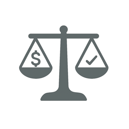 Icon of a balance scale with a dollar sign on one side and a checkmark on the other, representing weighing financial options or value.