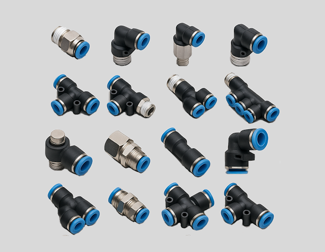 Collection of various pneumatic connectors and fittings with black bodies and blue accents, including elbows, T-shaped, and straight connectors.