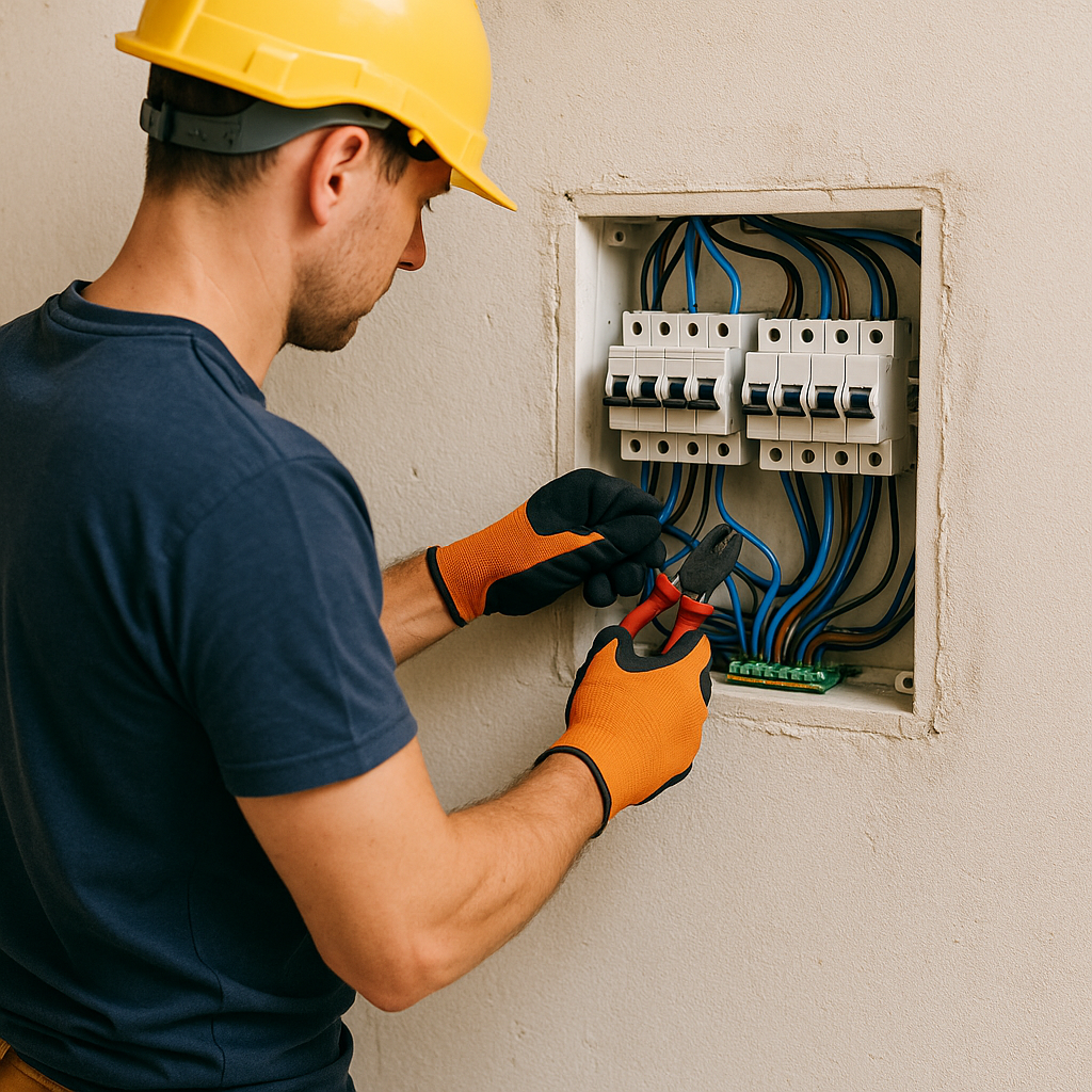 A worker wearing a yellow safety helmet and gloves working on an electrical panel, connecting wires with pliers. Electric and Electrical Products