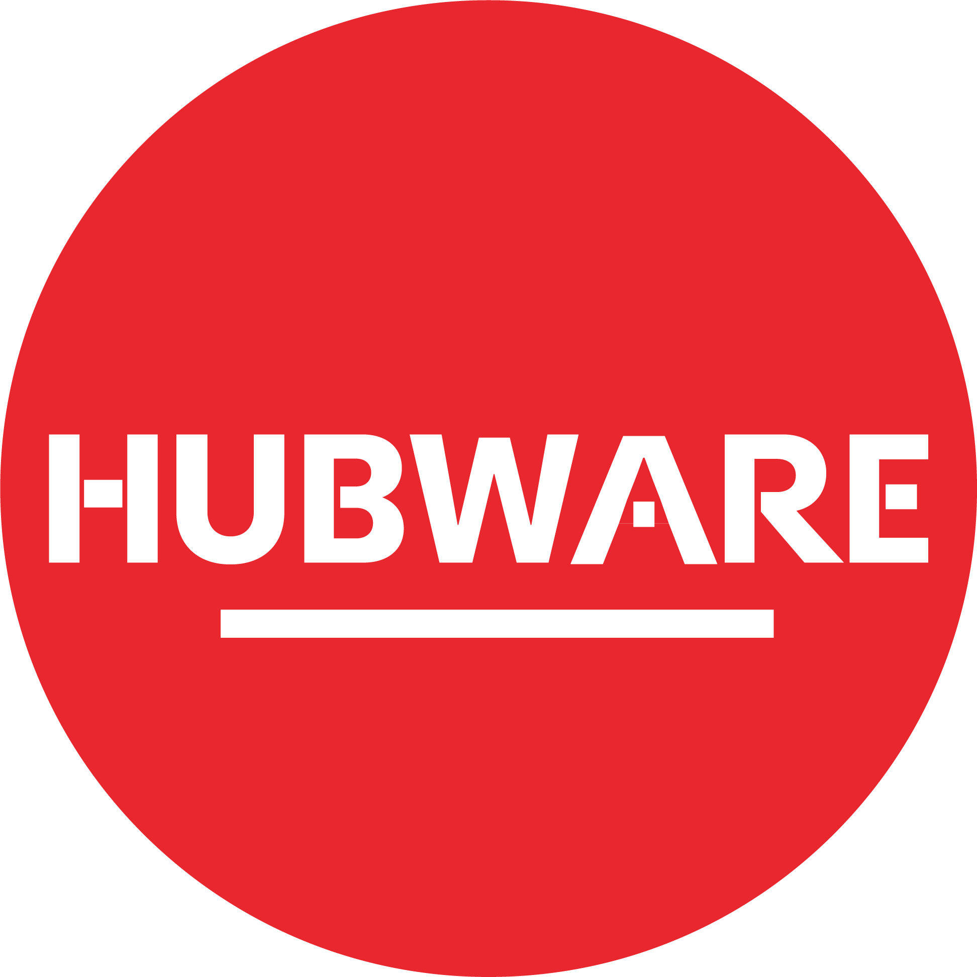 Red circular logo with the word 'HUBWARE' in white, bold, capital letters and a white underlined line below.