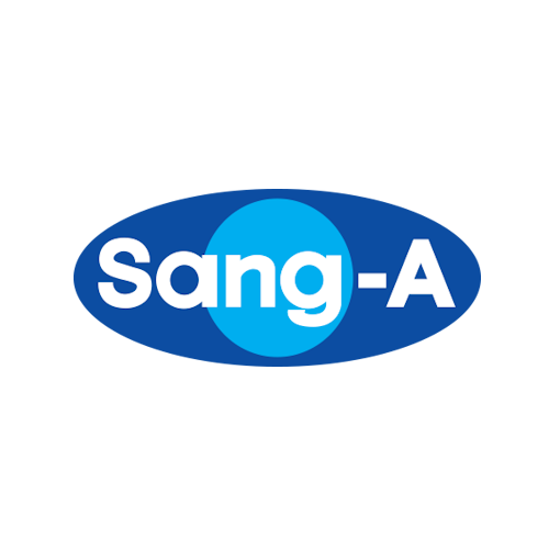 The Sang-A logo with white text on a blue oval background, featuring a blue circle behind the text.
