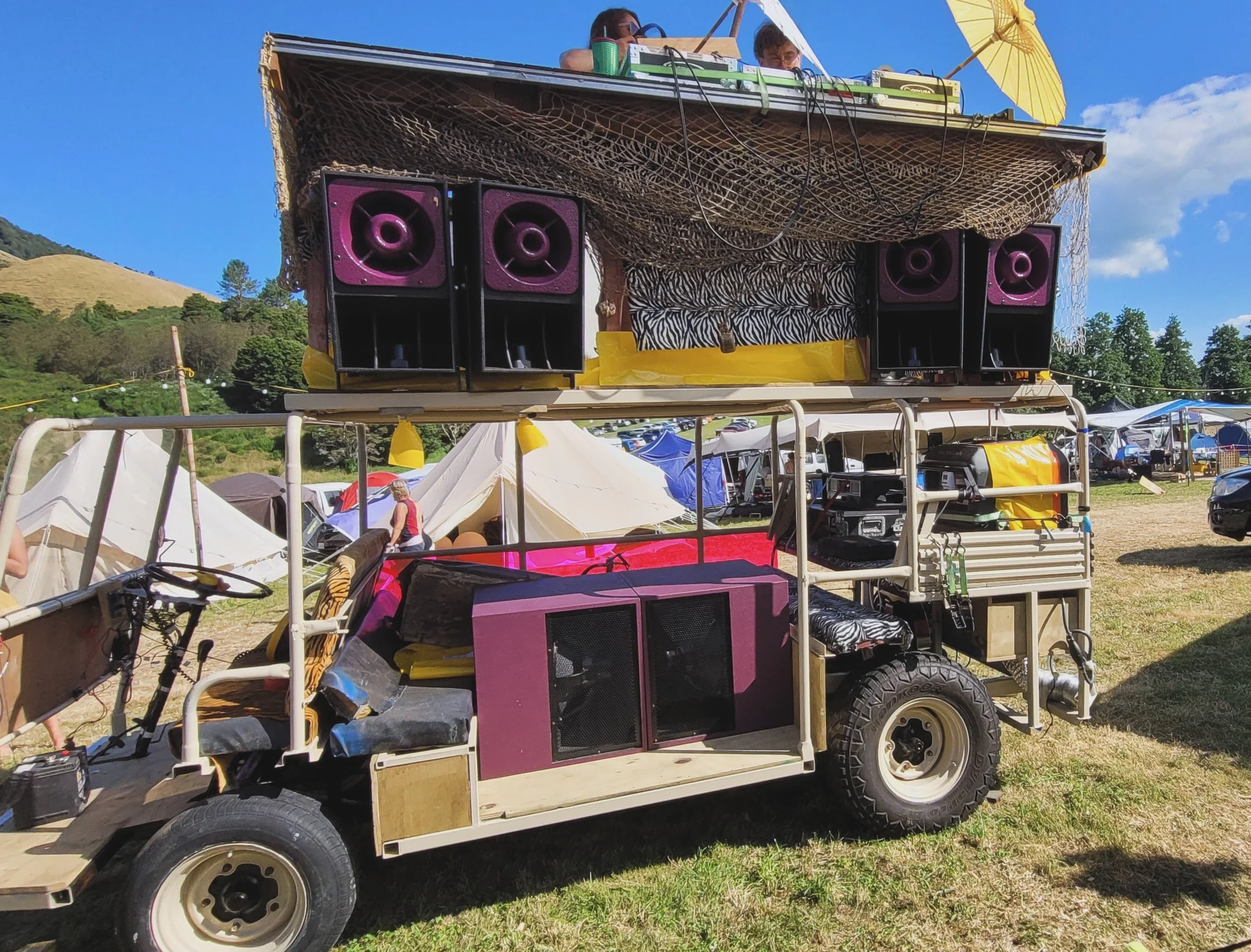 A mobile DJ setup on a custom-built art car at KiwiBurn with using the Blackcurrant Soundz PA system