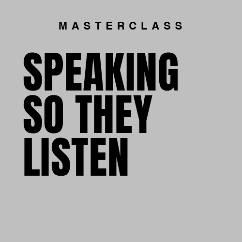 Masterclass titled 'Speaking So They Listen' with a gray background and black bold text, featuring a small cluster of circles in the bottom right corner.