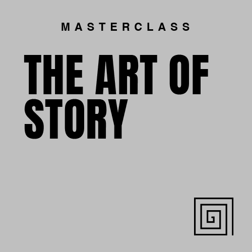Cover of a masterclass titled "The Art of Story" with a gray background and a small spiral symbol in the bottom right corner.