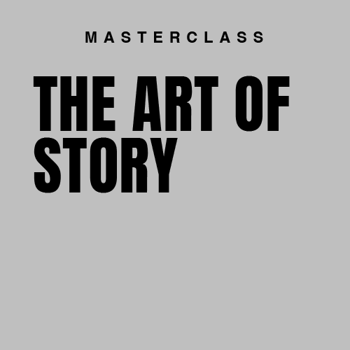 Cover of a masterclass titled "The Art of Story" with a gray background and a small spiral symbol in the bottom right corner.