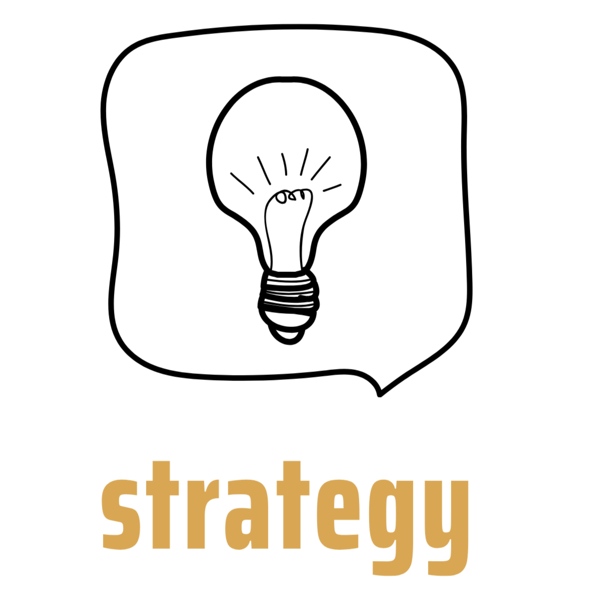 Black and white diagram of a chessboard with pieces, with the word 'strategy' in brown text at the bottom.