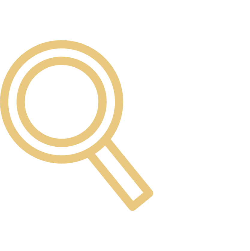 Gold magnifying glass over the word 'Search' in black font.