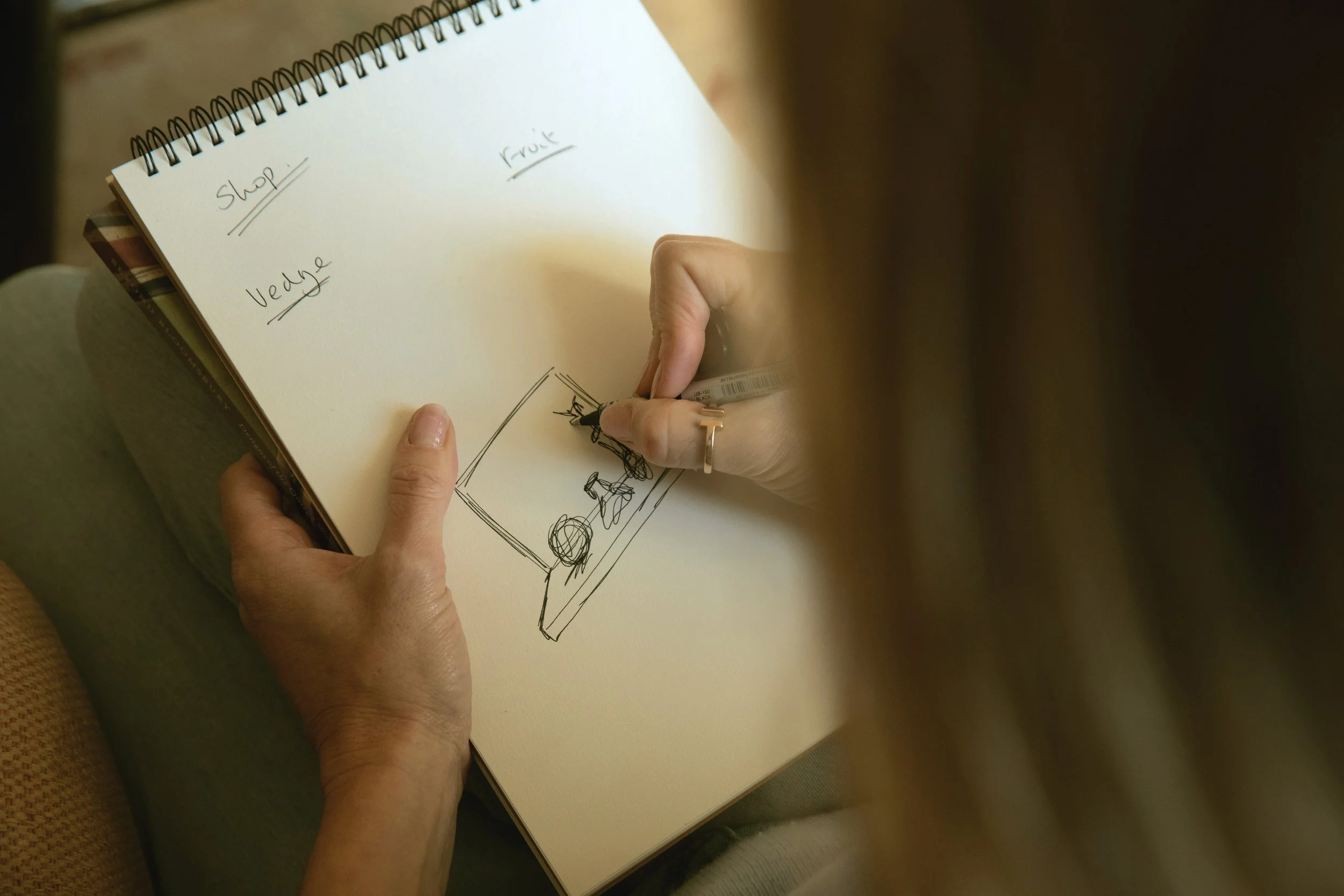 Person sketching a diagram on a spiral notepad, with handwritten notes labeled 'Shop,' 'Vedge,' and 'Fruit.'