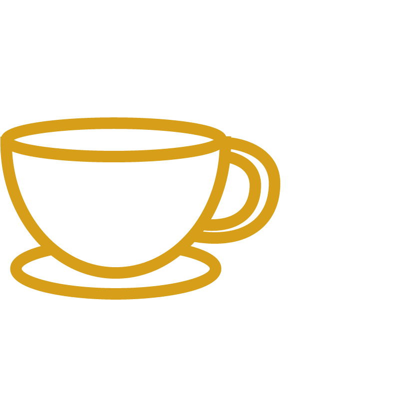 Yellow outline drawing of a tea or coffee cup with a saucer on a black background.