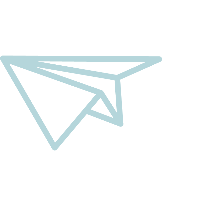 A light blue outline drawing of a paper airplane.