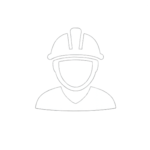 En enkel svart-hvitt illustrasjon av en person med hjelm, som sannsynligvis representerer en arbeidstaker eller byggarbeider.