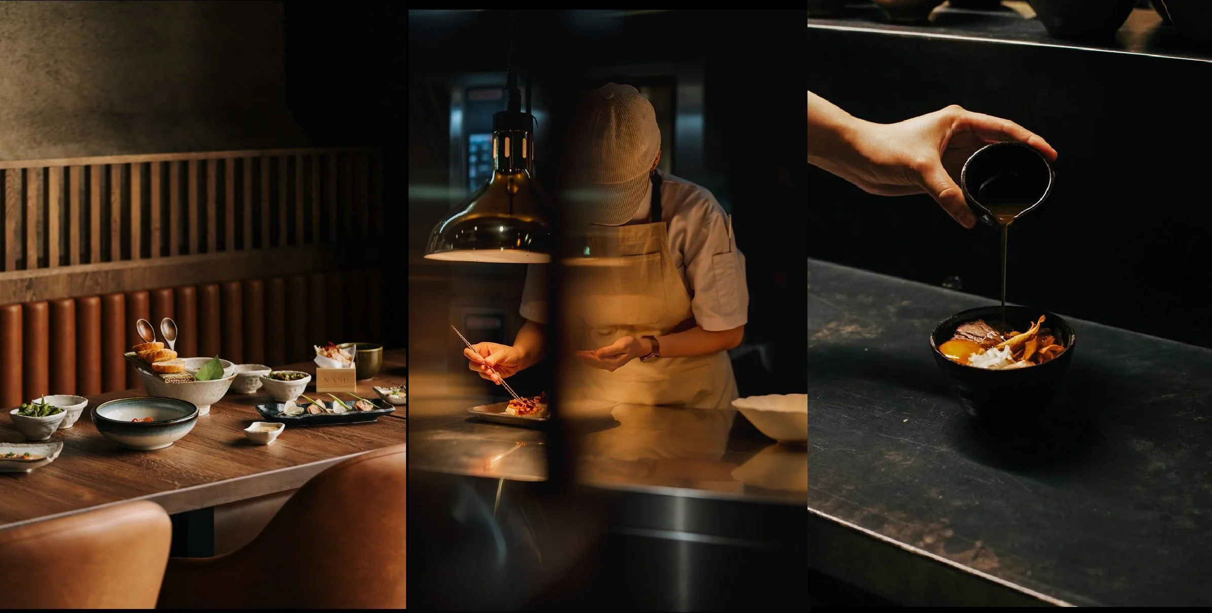 Mesa de restaurante con platos de comida y utensilios, chef preparando platos en la cocina, chef decorando un plato con salsa.