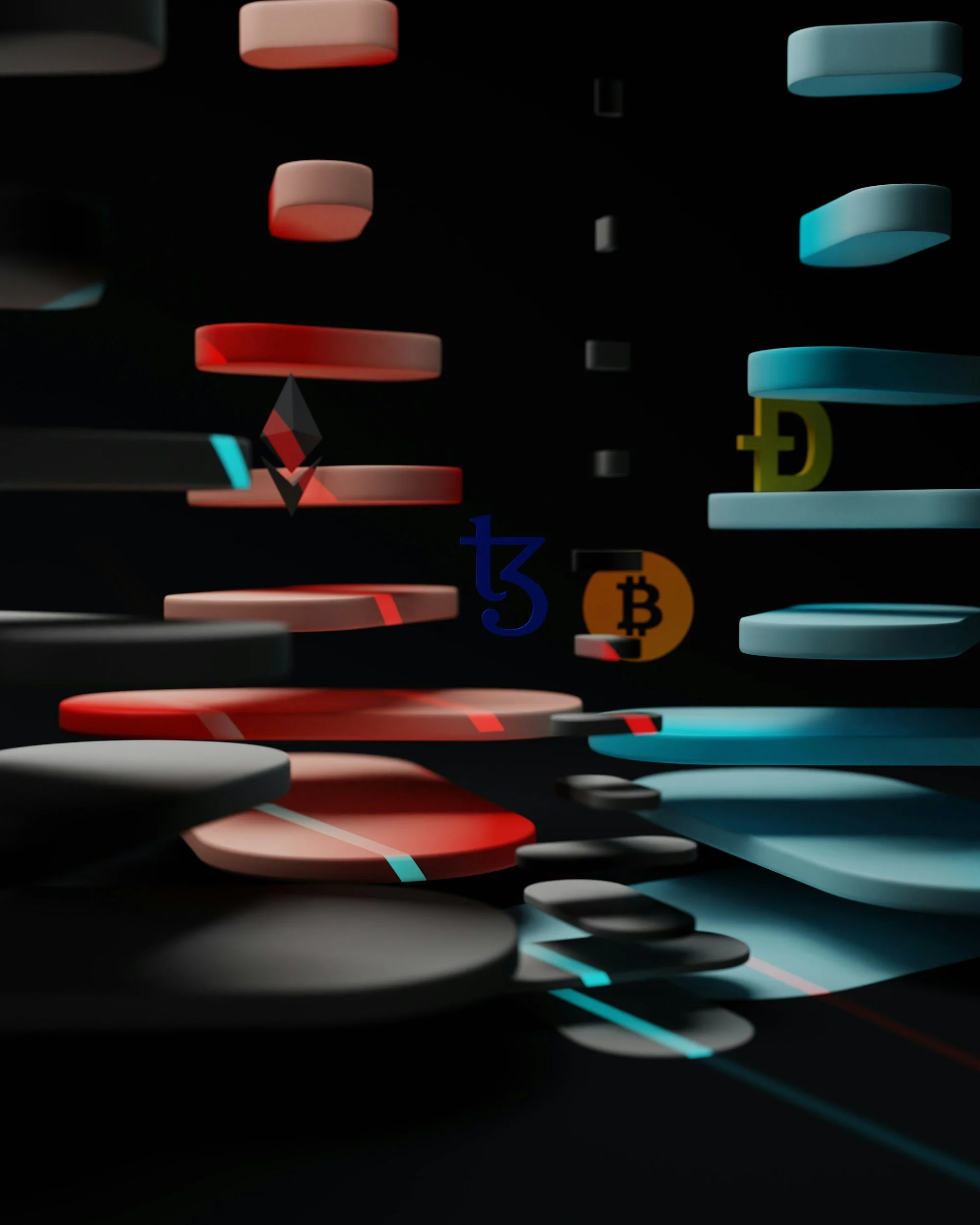 Digital illustration of blockchain technology with floating cryptocurrency symbols like Ethereum, Bitcoin, Litecoin, and Dogecoin among layered abstract shapes and lines on a dark background.