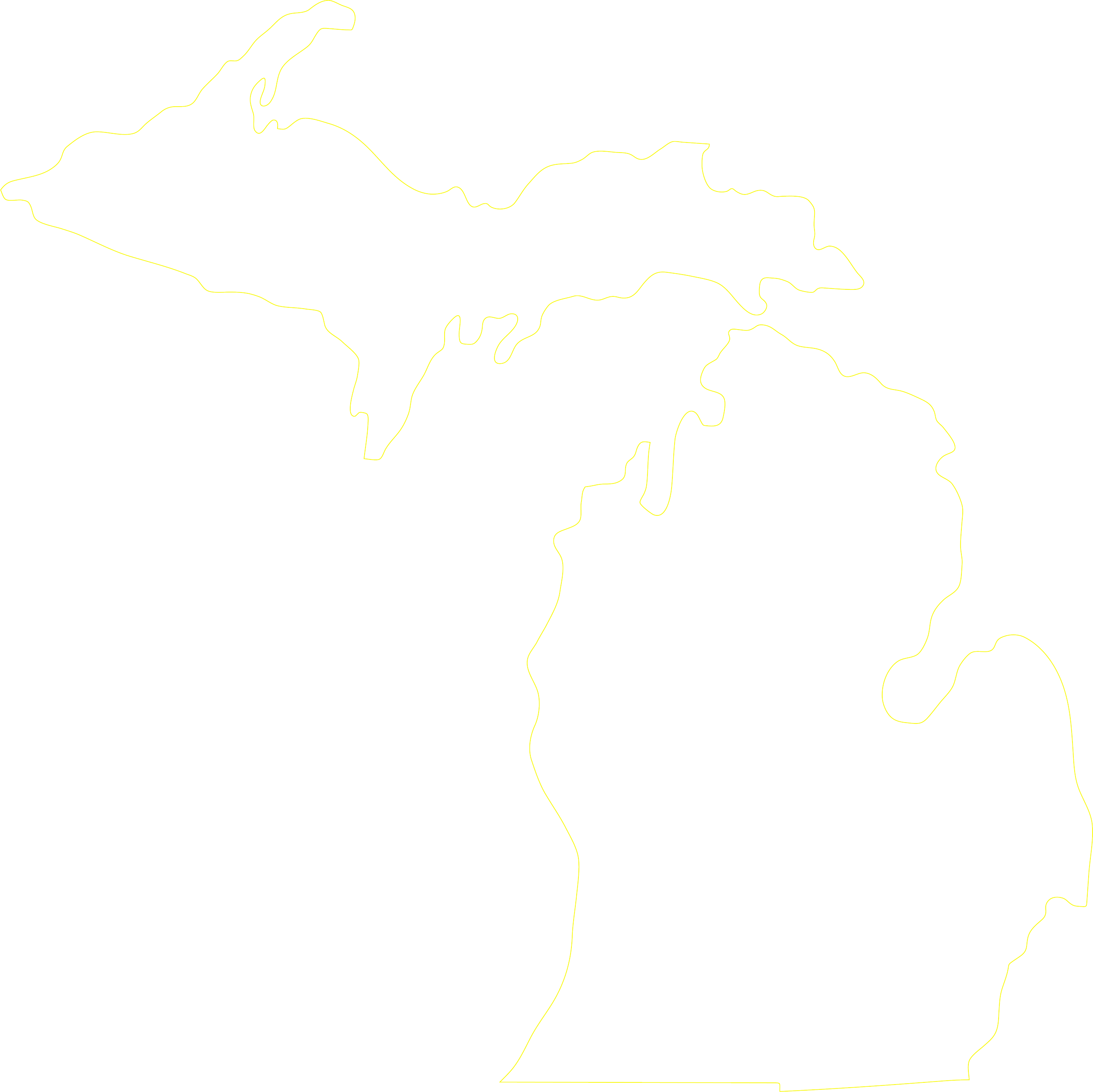 Outline map of the states of Michigan and Michigan's Upper Peninsula, with a yellow border on a black background.