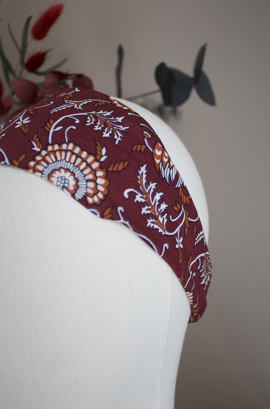 Bandeau cheveux motif indien bordeaux