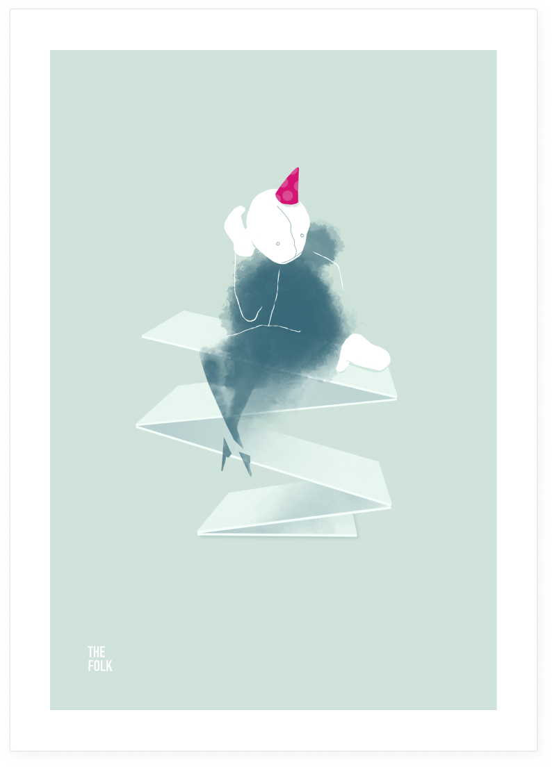 An abstract digital illustration of a figure with a cloud-like body, wearing a pink party hat, sitting on a zigzag white paper or ribbon on a light green background.