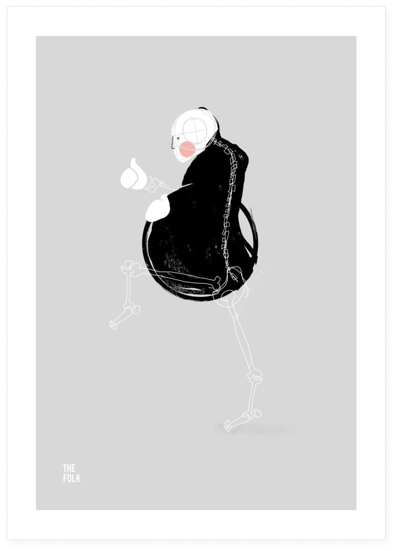 A cartoon skeleton with a black backpack, wearing red clown nose, giving a thumbs up, against a light gray background. The words "THE FOLK" are in the bottom left corner.