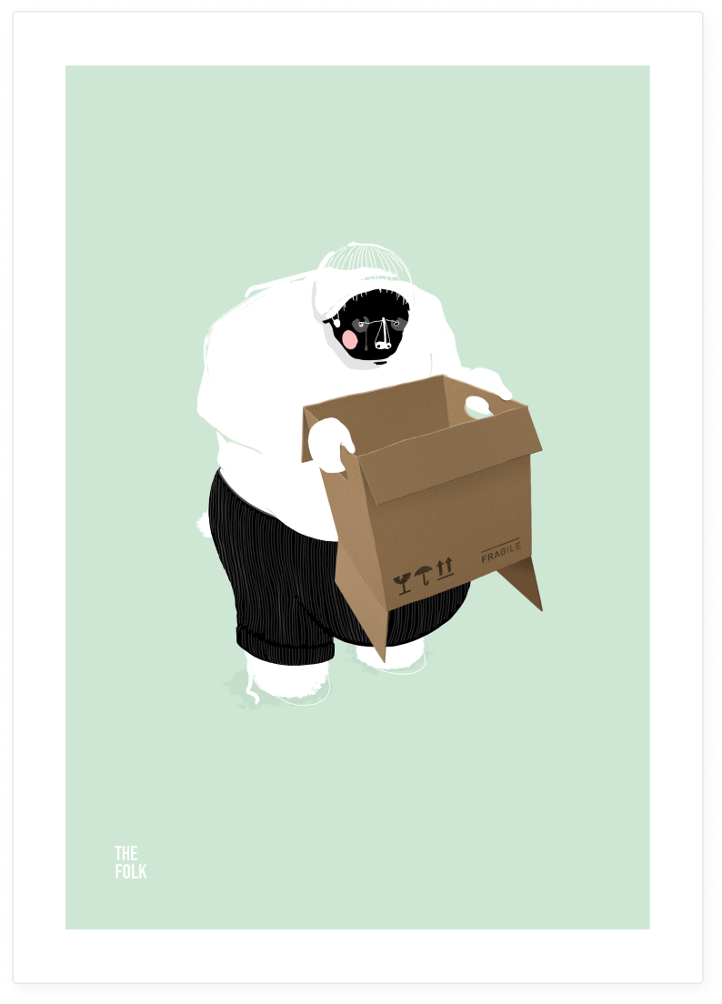 An illustrated character with a black face, white hair, and glasses, wearing a white hoodie and black pants, holding a large cardboard box against a light green background.