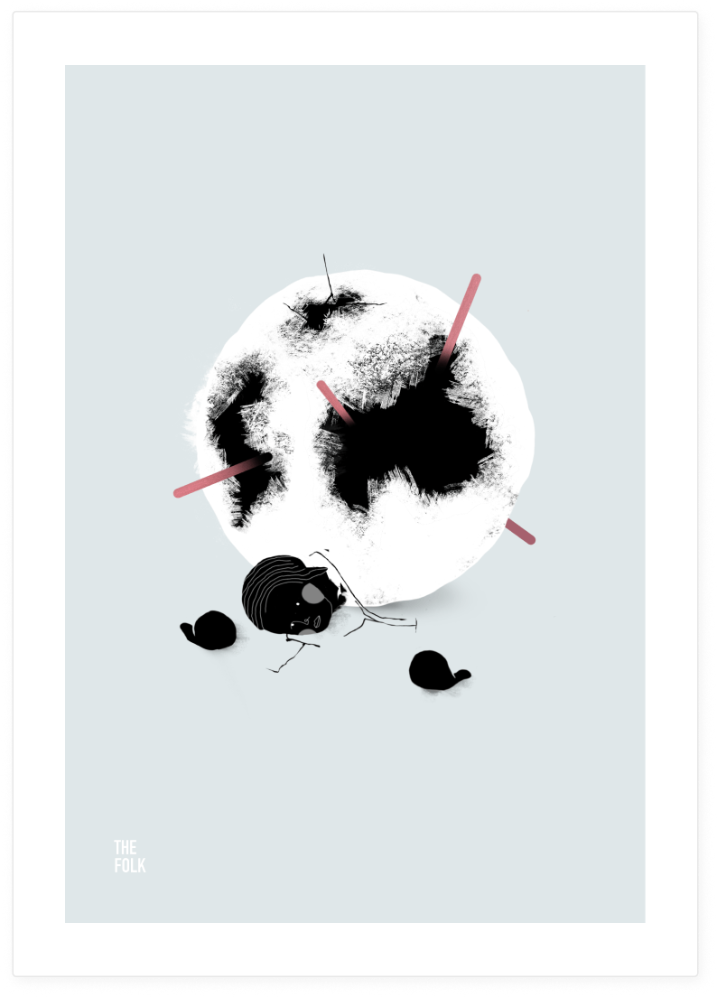 An artistic illustration of a moon with dark inkblot patches, a small insect with antennae in front, and the text 'The Folk' in the bottom left corner.
