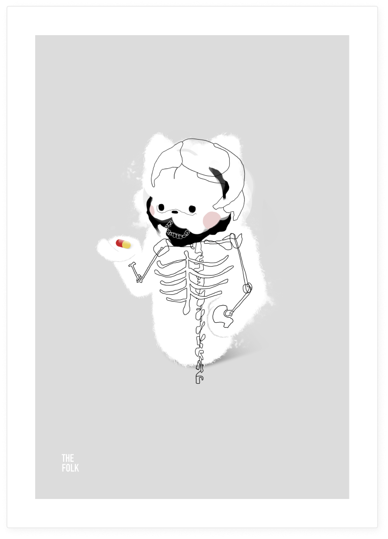 Illustration of a cartoon bear with a human skeleton overlay, holding a capsule pill, with the text 'THE FOLK' in the bottom left corner.