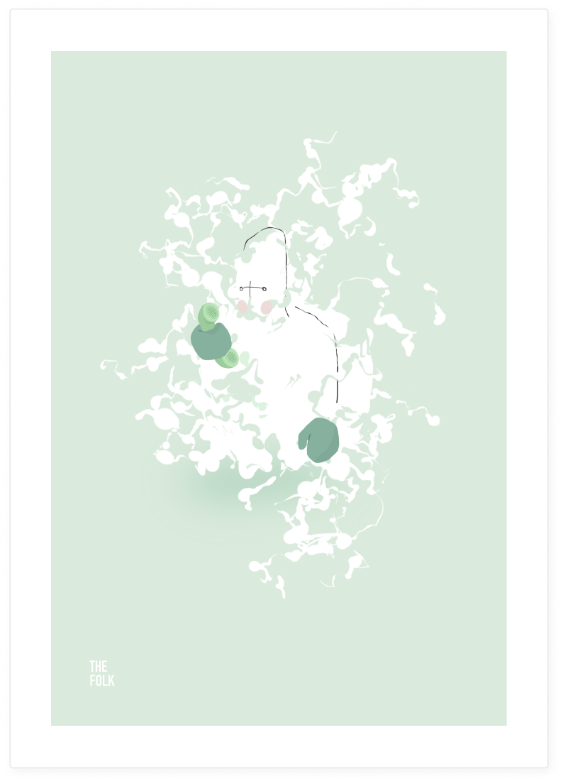 Abstract illustration of a person with glasses, light-colored hair, and a dark top, surrounded by pastel-colored shapes and patterns, with the words "The Folk" in the bottom left corner.