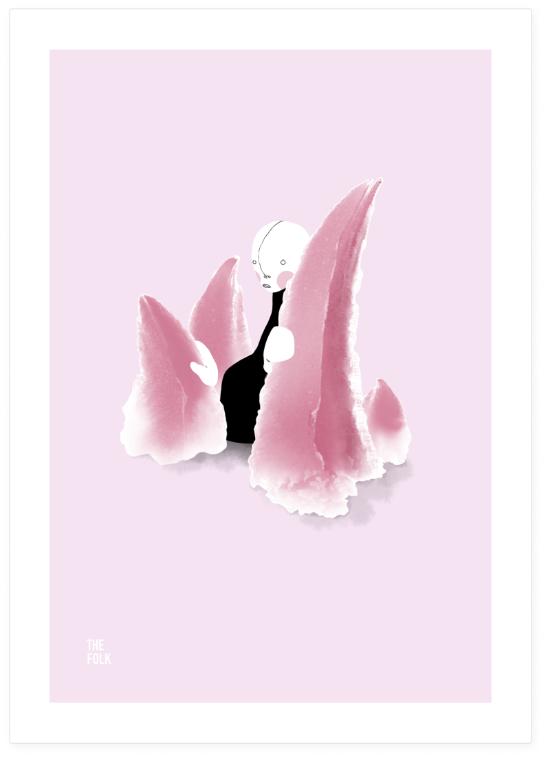 Digital illustration of a stylized person surrounded by large, pink, abstract shapes on a light purple background, with the text "THE FOLK" in the lower left corner.