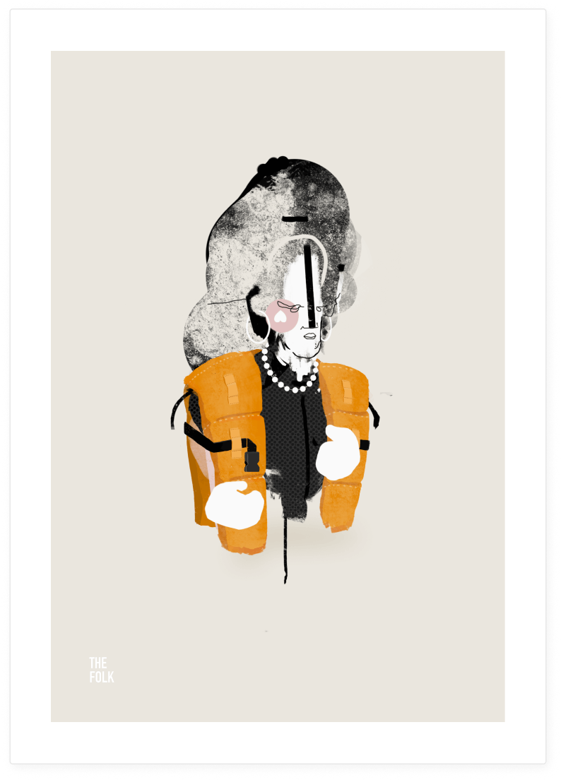 Illustration of a person with a long nose, wearing pearl necklace, orange backpack, and white gloves, with a large gray cloud behind their head, and text 'THE FOLK' in the bottom left corner.