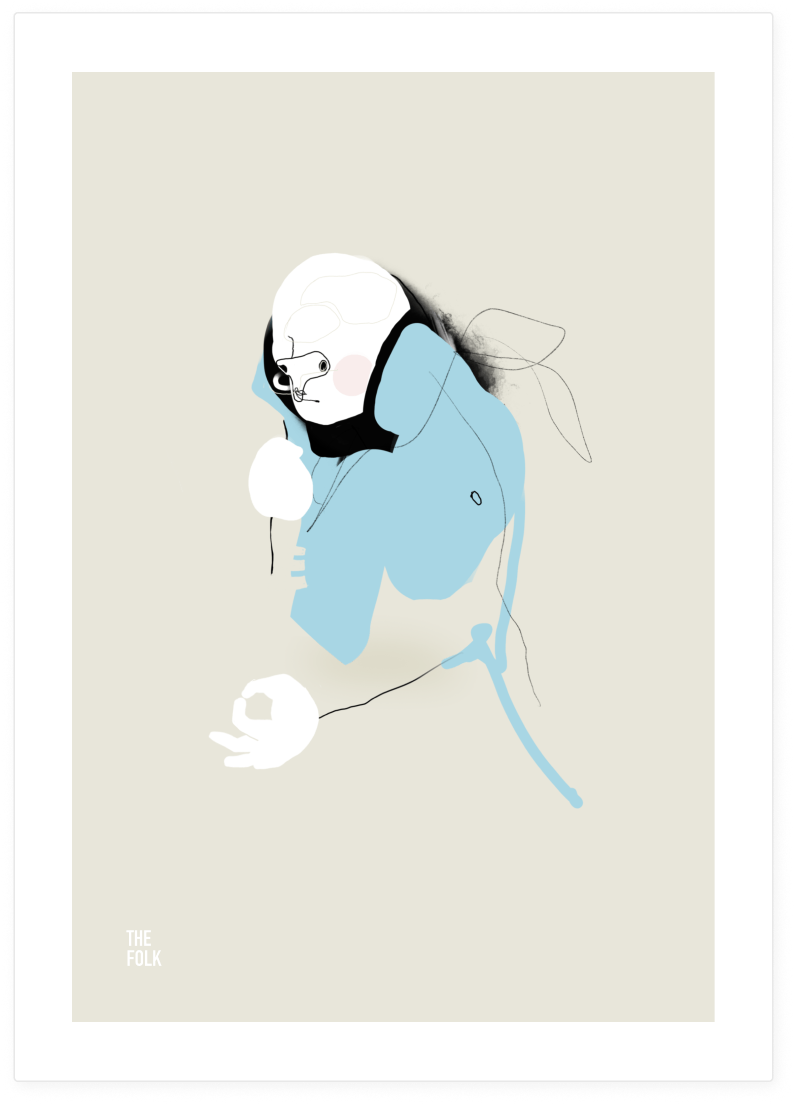 Minimalist illustration of a person wearing a blue hoodie, holding a microphone, with headphones and long hair.