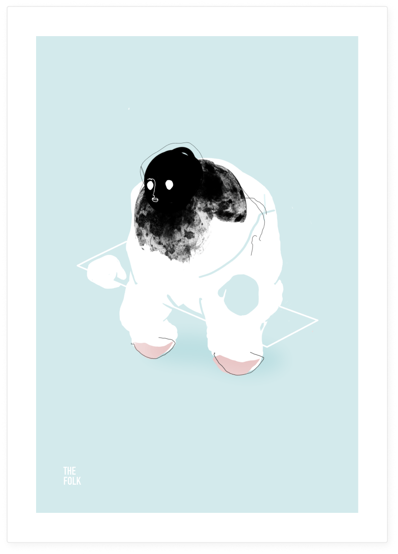 Abstract illustration of a black and white cow with a black face, set against a light blue background, with the text "THE FOLK" in the bottom left corner.