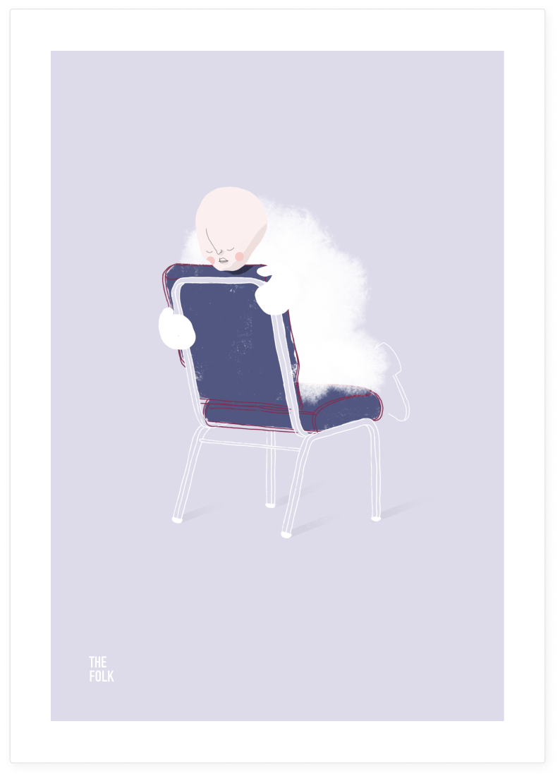 A digital illustration of a child hugging the back of a chair, with a white fluffy cloud overlaying part of the picture, and a small text reading 'The Folk' in the bottom left corner.