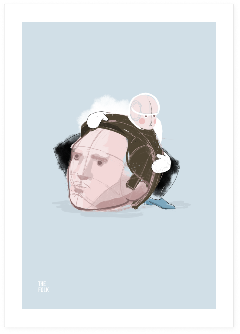 A cartoon illustration of a person carrying a large, elongated, semi-transparent face with a neutral expression. The person has pink hair, glasses, and is dressed in black. The background is light blue with a small white cloud-like shape behind the person's head. The words 'The Folk' are written in small white text at the bottom left corner.