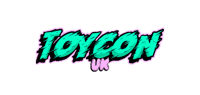 Graphic design featuring the word 'Toycon' in bold, teal lettering with pink accents and a black background.