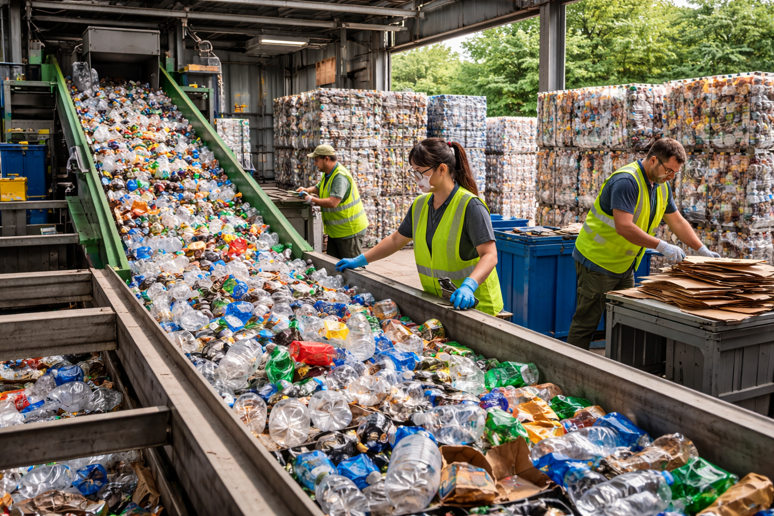 Recyclable plastic bottles being sorted by a recycling team