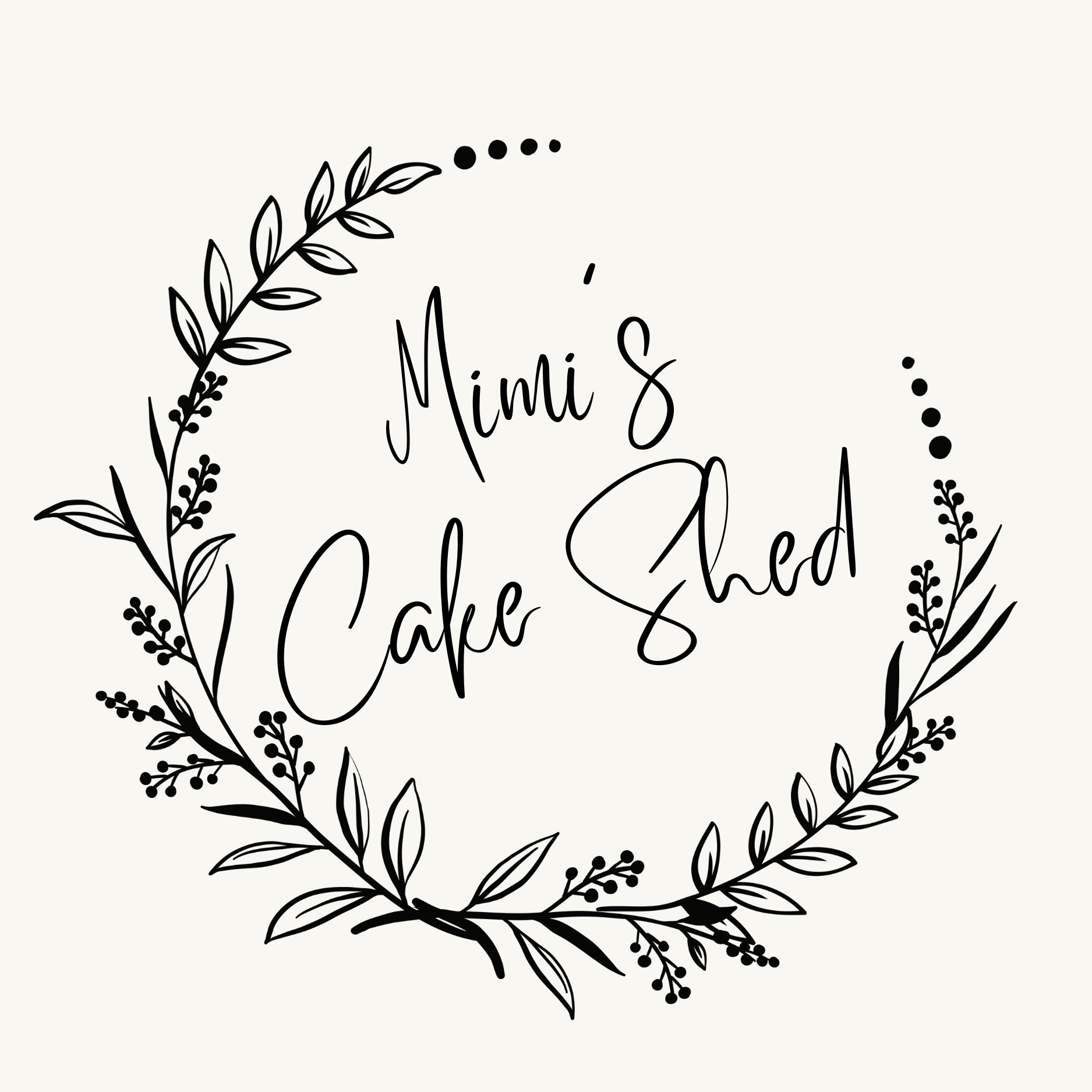 Black handwritten text inside a circular laurel wreath reads 'Mimi's Cakes Shod' on a light background.