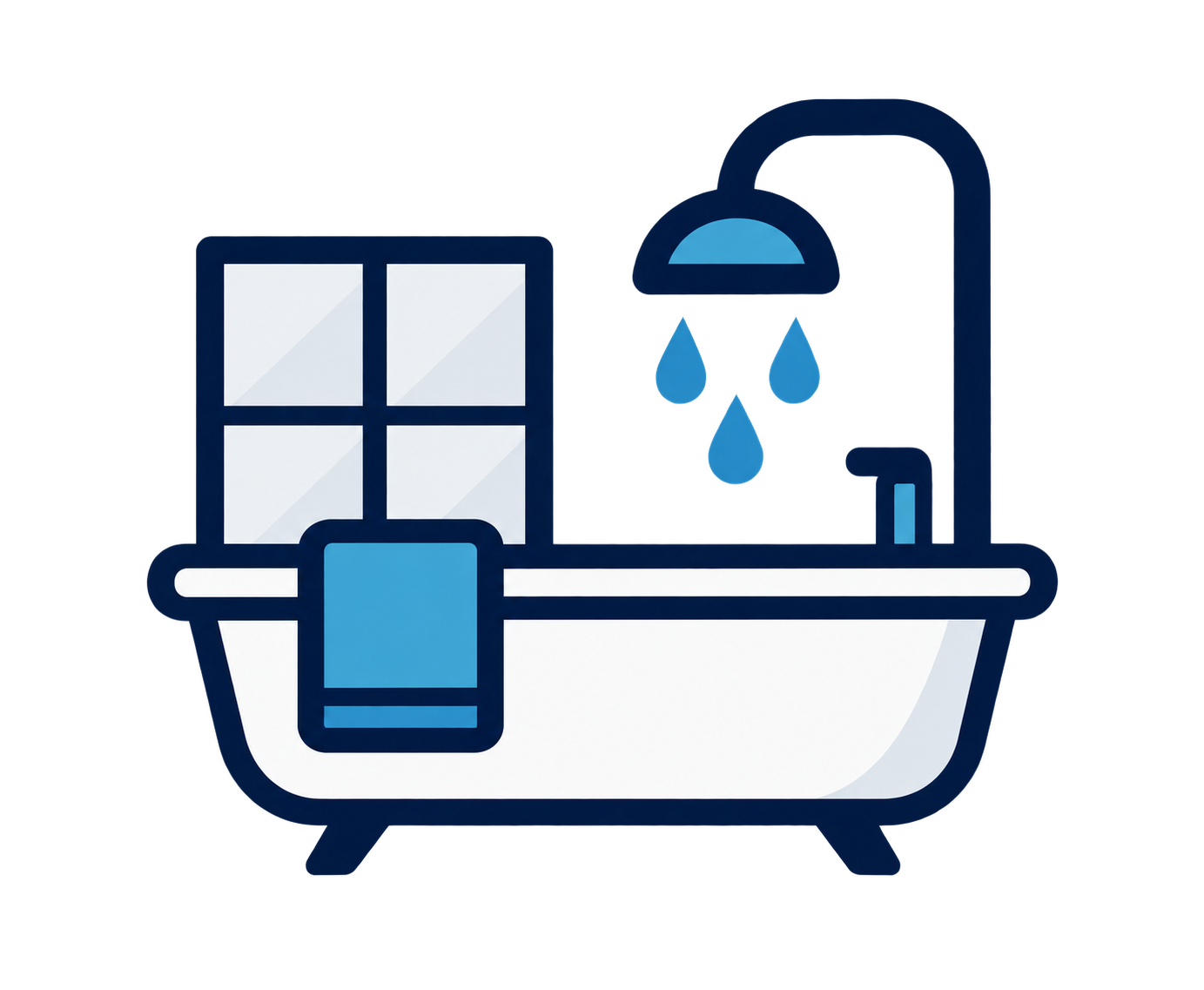 Badezimmer im Bau, mit Badewanne, unbehandelten Wänden und Rohren, Fenster an der Decke, und Installationsausschnitten.