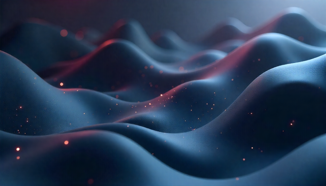Digital rendering of smooth, rolling blue hills with specks of light resembling stars or particles