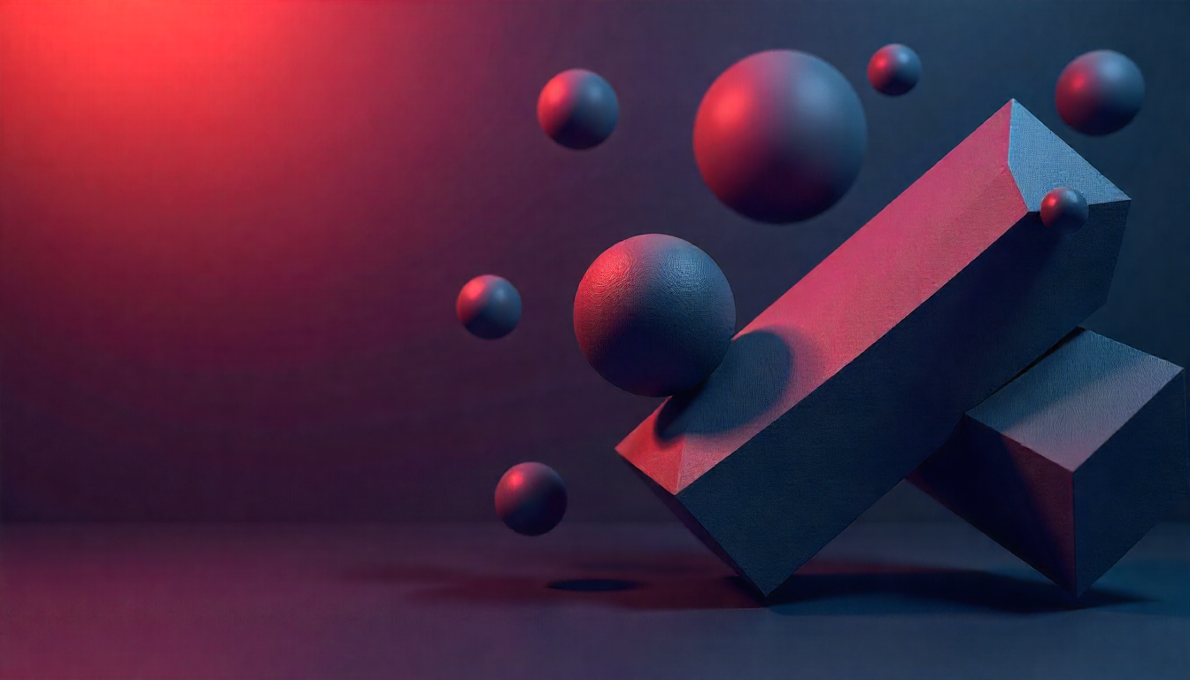 Three-dimensional geometric shapes, including a rectangular prism, a cube, and several spheres, with colorful lighting effects in a digital art style.